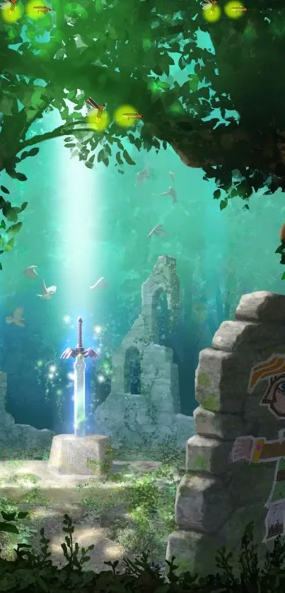 Enchanted sword in a mystical forest with ruins and sunlight.