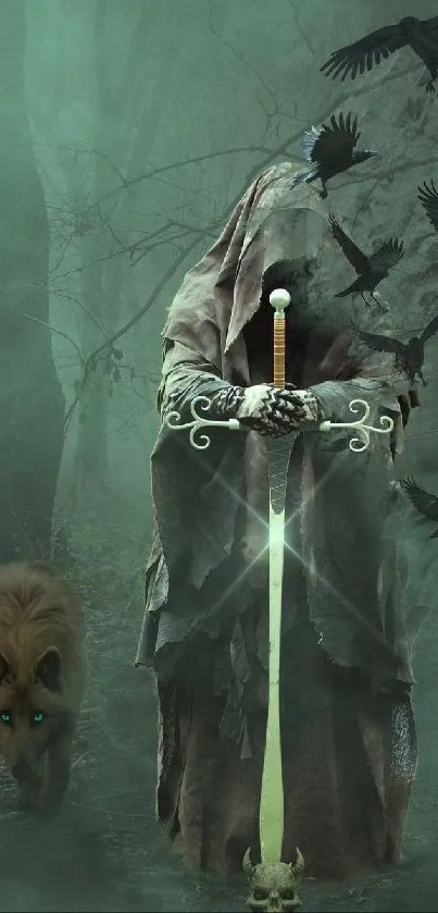 Hooded figure with sword in eerie foggy forest scene.