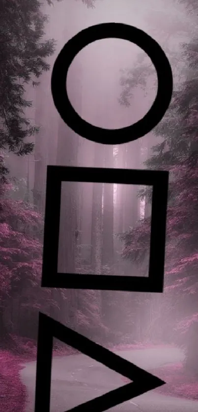 Mystical forest with geometric symbols in purple hues.