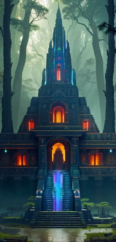 Mystical forest temple with vibrant lights and enchanting ambiance.