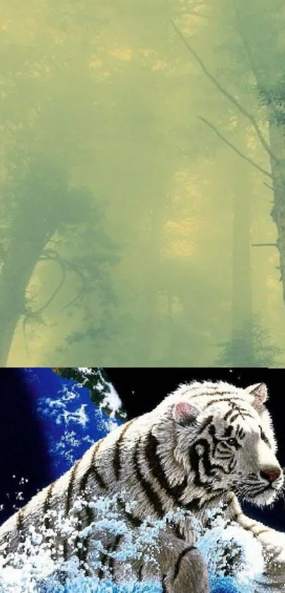 Mystical forest with white tiger artwork.