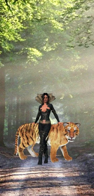 Warrior with tiger in a mystical forest path scene.