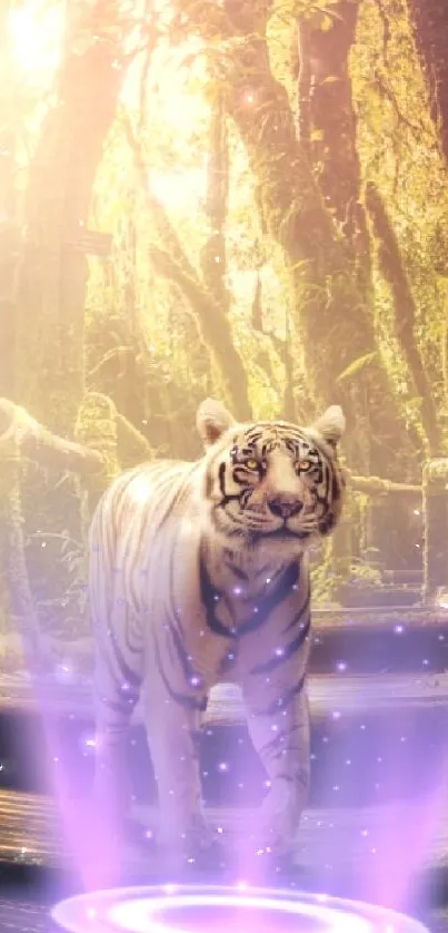 Mystical forest wallpaper with tiger emerging from a glowing portal.