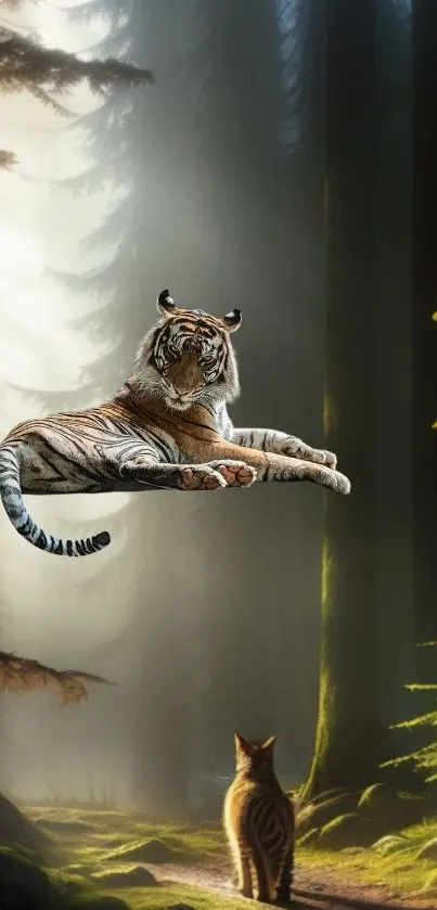 Floating tiger in a mystical forest with a curious cat below.