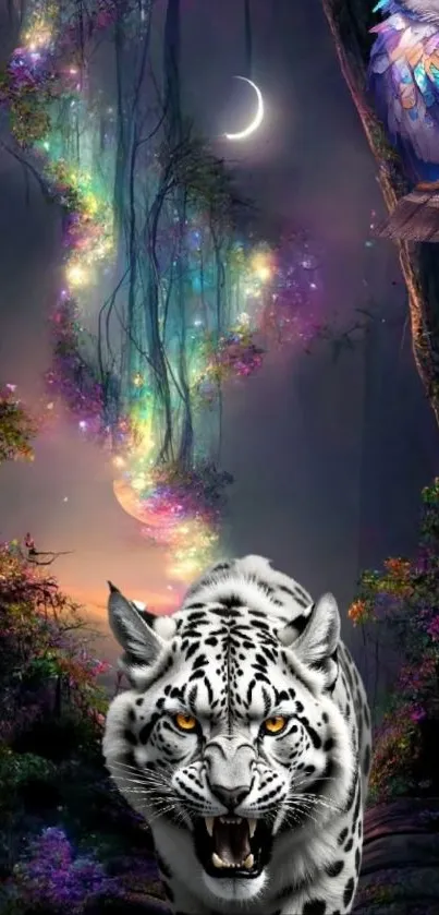 Mystical forest wallpaper with a white tiger and colorful owl under a crescent moon.