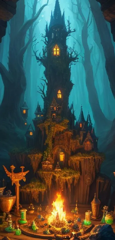 Mystical forest with an illuminated tower and glowing lights in lush greenery.