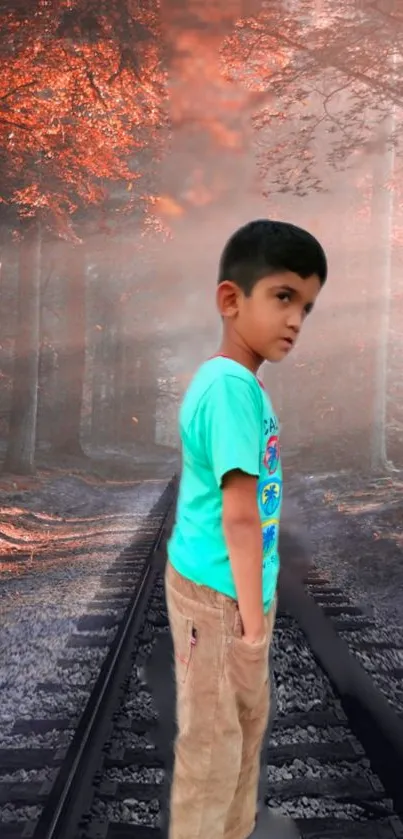 Child on a mystical forest train track with orange foliage.