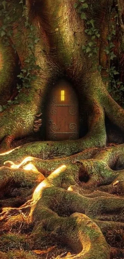 Mystical forest tree with hidden doorway in the roots, perfect for mobile wallpaper.