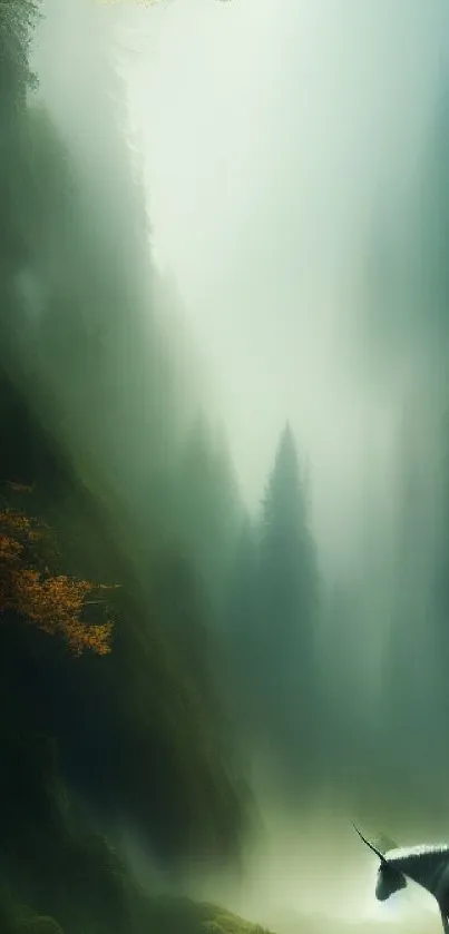 Mystical forest with unicorn in foggy landscape.