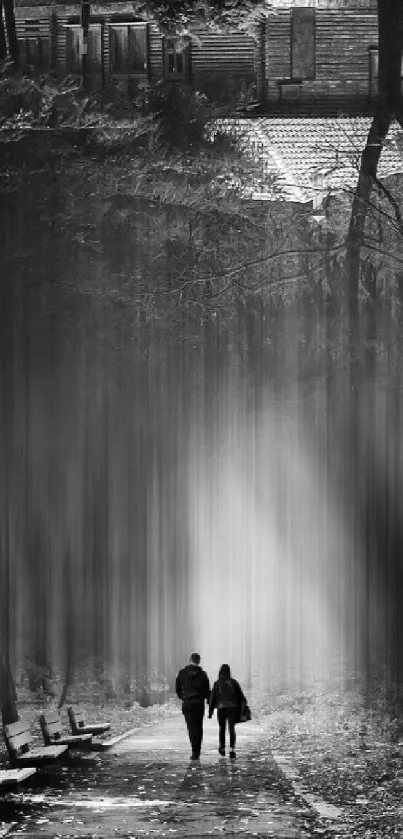 Black and white forest path with fog and trees, creating a mystical atmosphere.