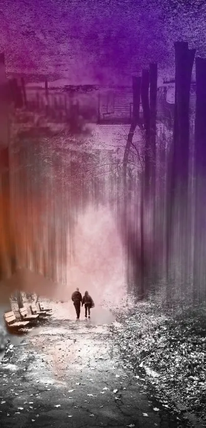 Mystical forest with purple hues and a couple walking.