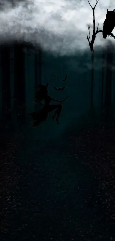 Mystical dark forest with witch and owl silhouette wallpaper.