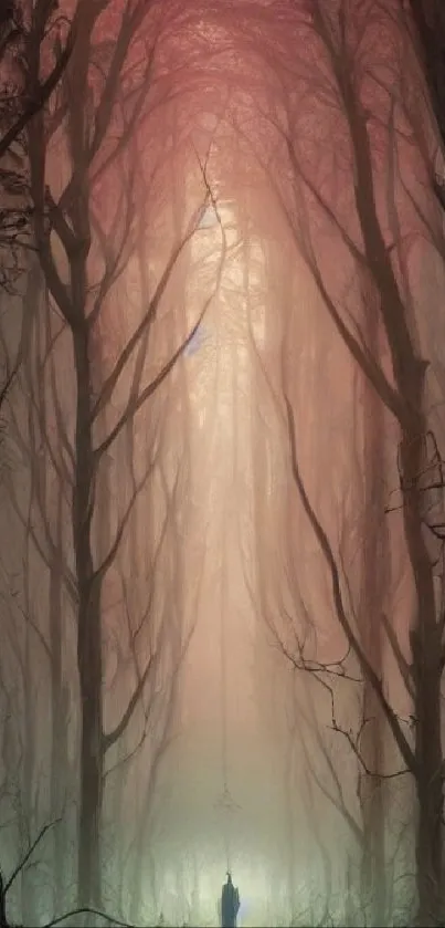 Mystical forest mobile wallpaper with tall trees and serene atmosphere.