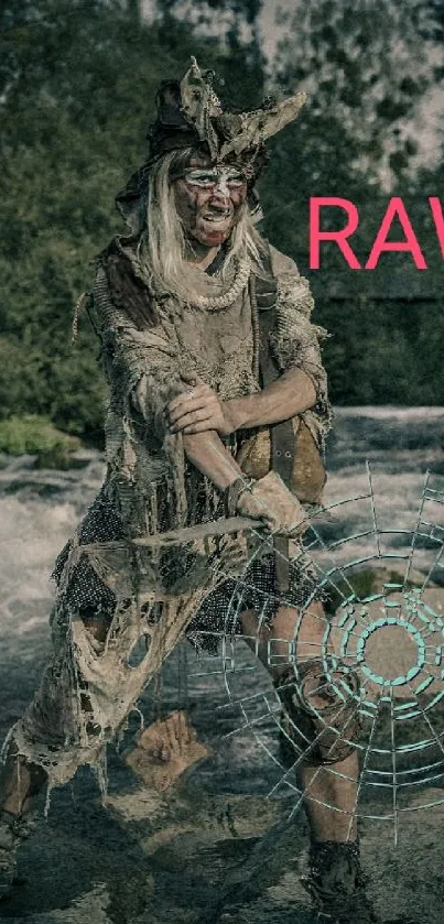 Mystical wanderer stands in a forest river.