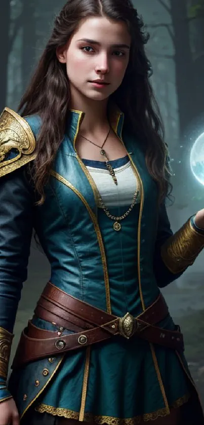 Fantasy warrior woman conjures glowing orb in magical forest scene.