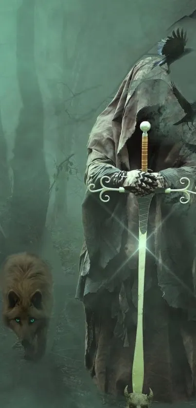 Cloaked warrior with a sword in a mystical forest accompanied by a wolf.