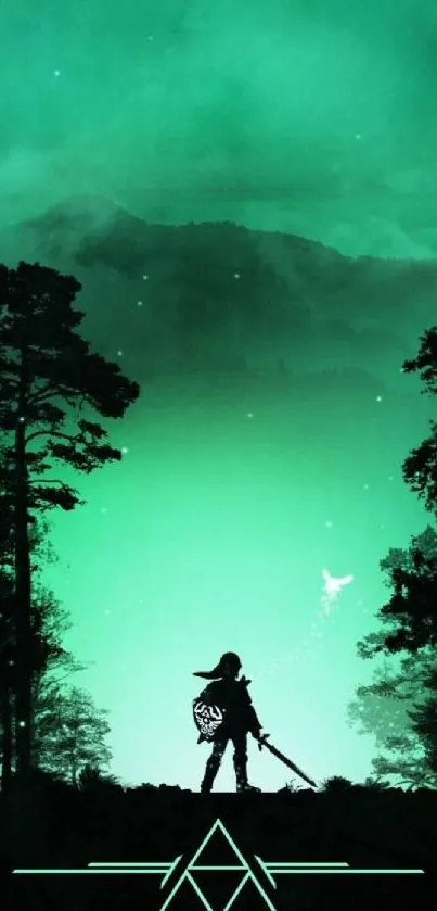 Mystical silhouette of a warrior in a glowing green forest setting at night.