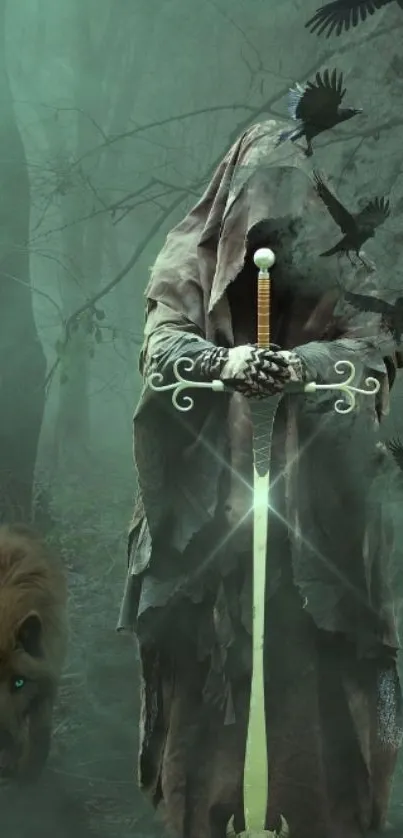 Hooded warrior in misty forest with sword and ravens.