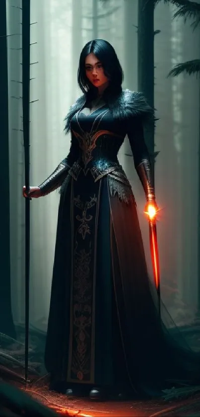 Fantasy warrior in a dark forest holding a glowing sword.