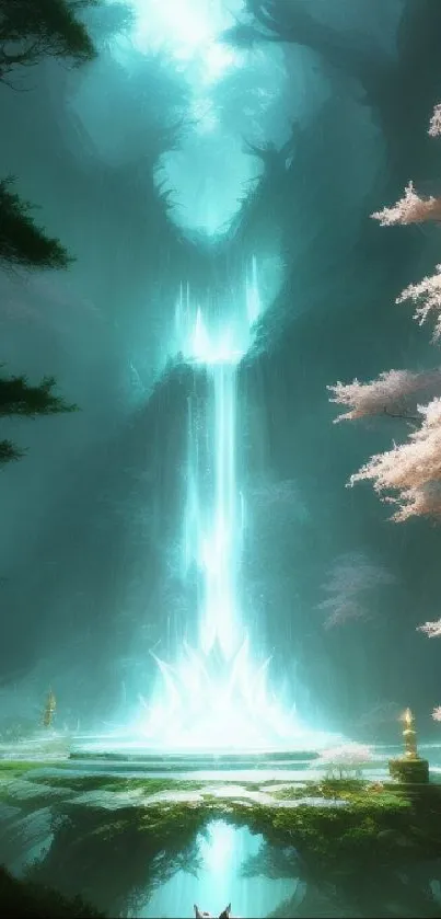 Mystical waterfall in serene forest landscape wallpaper for mobile.