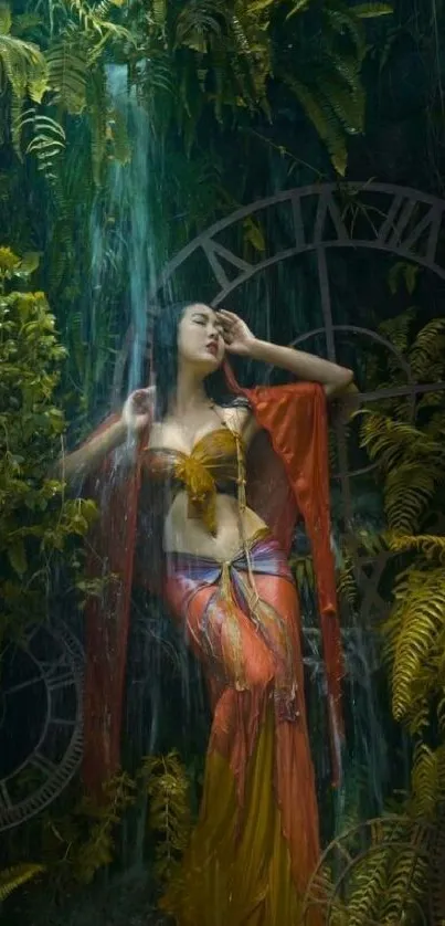 Mystical forest waterfall with enchanting figure amidst lush greenery.