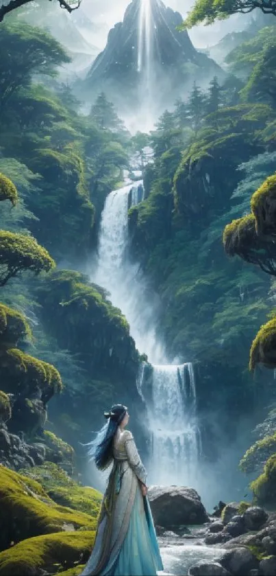 Mystical forest waterfall with lush greenery and a serene atmosphere.