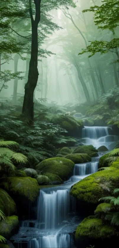 A mystical forest waterfall with lush green surroundings.