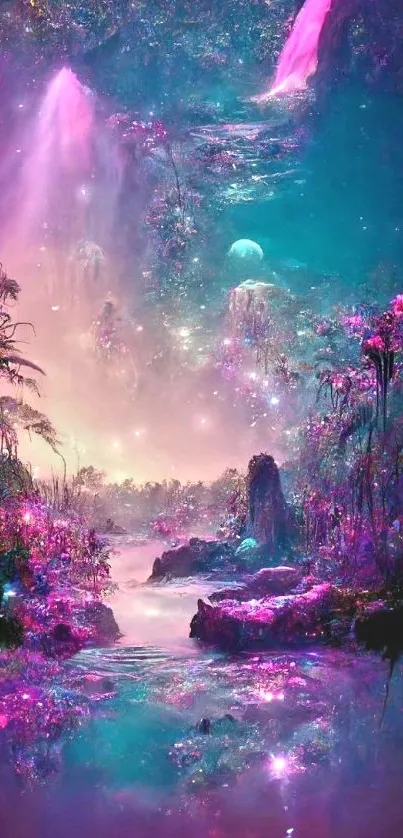 Mystical forest waterfall with purple hues and ethereal glow.