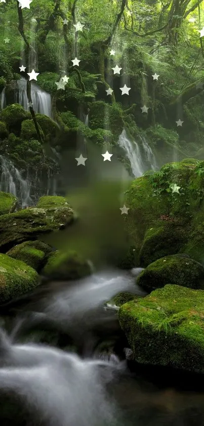 Serene forest waterfall with lush greenery and cascading water in a mystical setting.