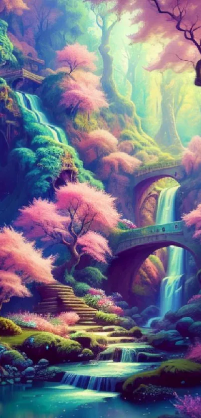Mystical forest wallpaper with waterfalls and pink blossoms.