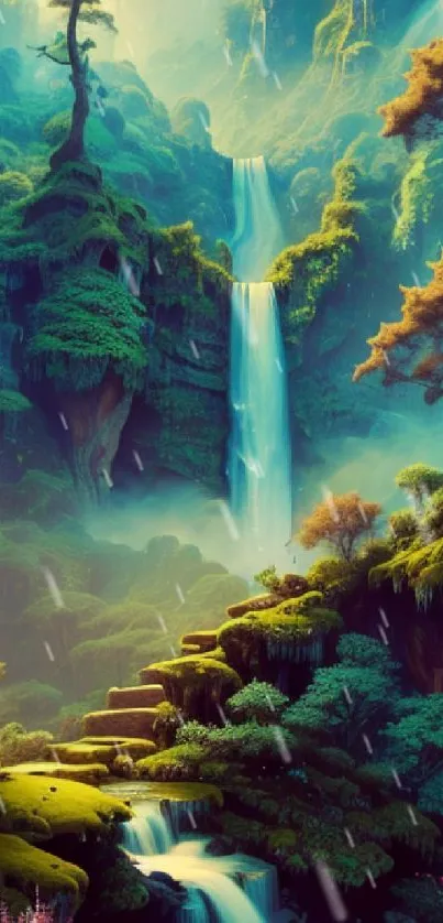 Mystical forest wallpaper with a lush green waterfall and serene landscape.