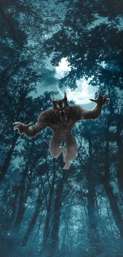 Werewolf leaps through a mystical, moonlit forest.