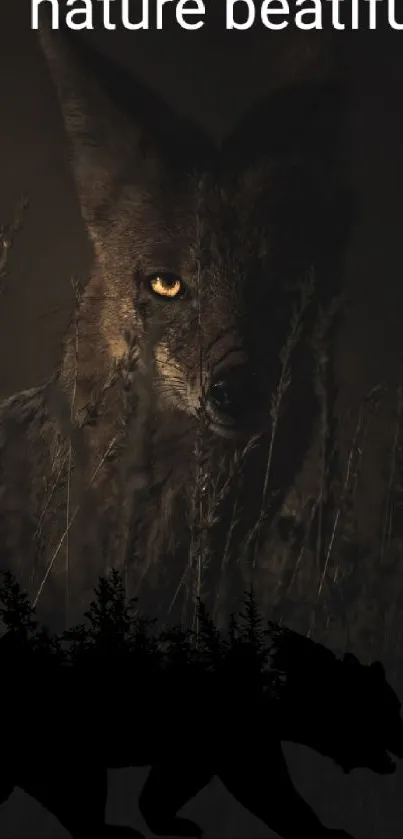 Mystical wolf with bear silhouette in dark forest wallpaper.