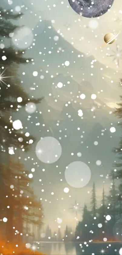 Mystical forest wallpaper with snowflakes and planets.