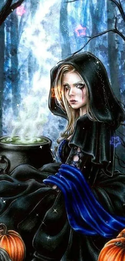 Hooded figure in dark forest with pumpkins and cauldron.