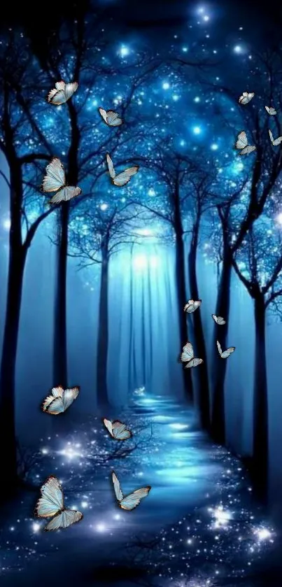 Magical blue forest with glowing butterflies and dark silhouettes of trees.