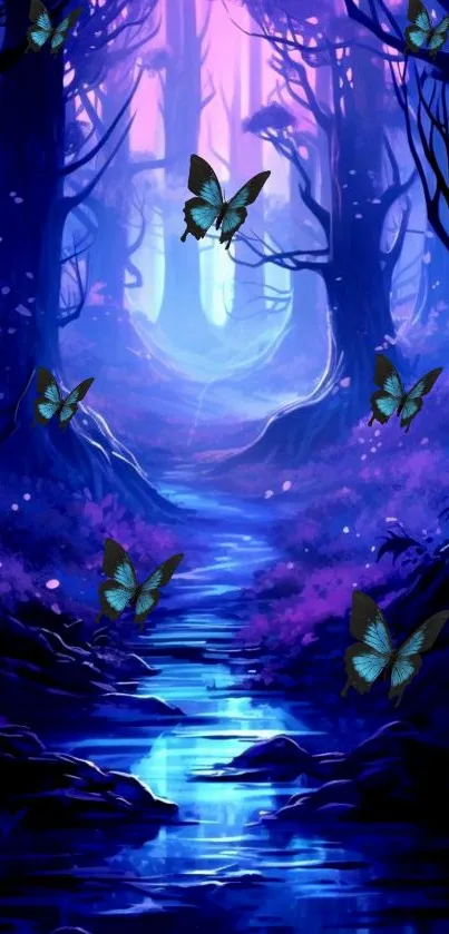 Magical forest with vibrant butterflies and a serene stream.