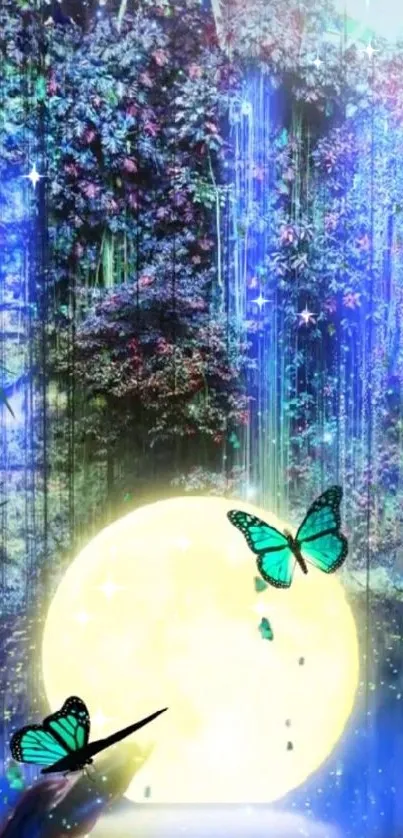 Mystical forest wallpaper with blue butterflies and glowing moon.