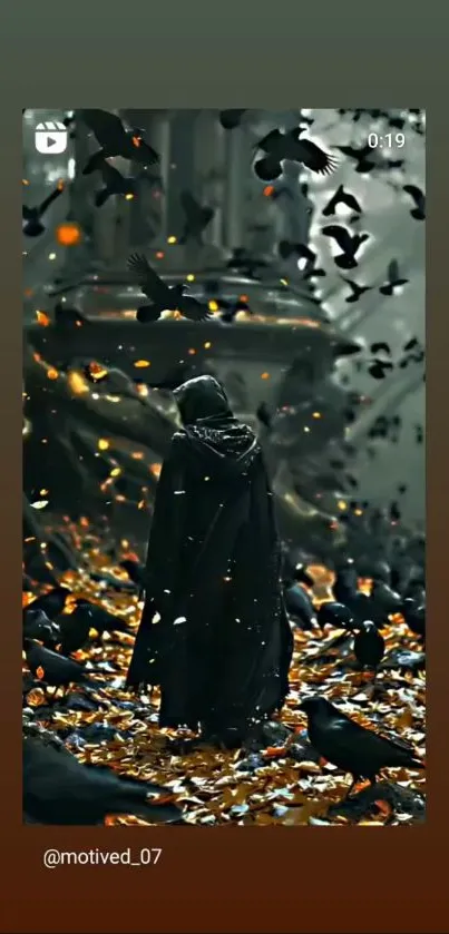 A mysterious person in a cloak surrounded by crows in a forest setting.