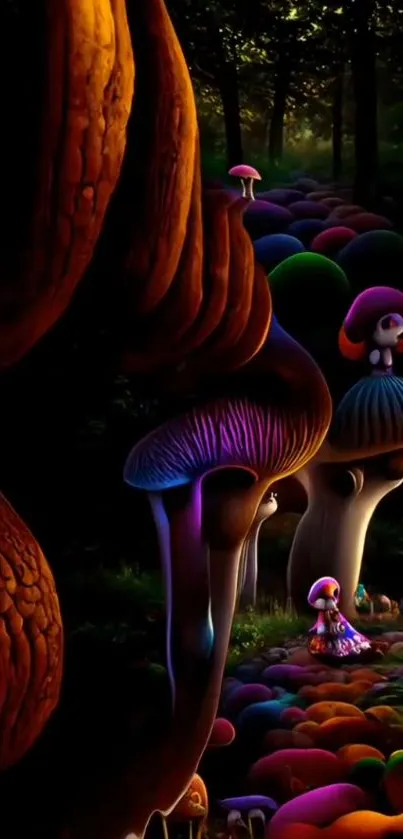 Whimsical forest with colorful mushrooms and dark brown tones.