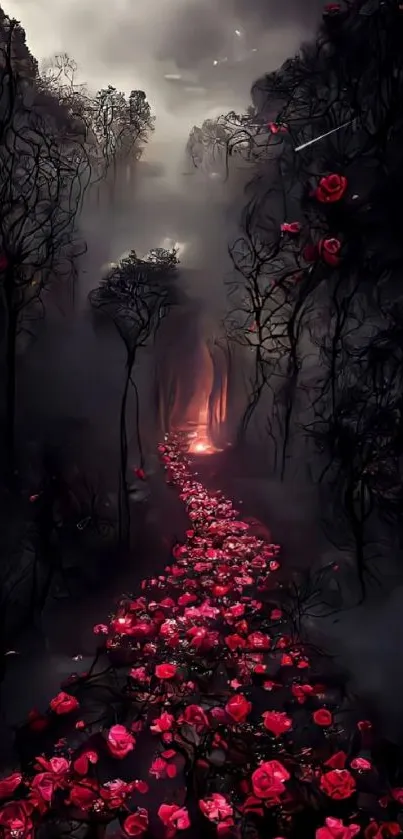 Mystical dark forest with red roses pathway.