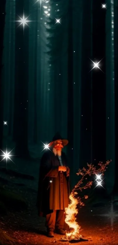 A wizard in a dark forest casts a glowing spell at night.