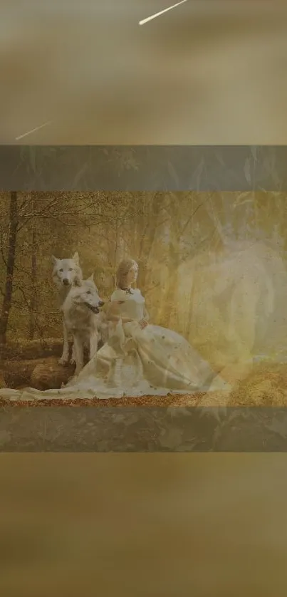 Woman in golden dress with wolves in a mystical forest setting.