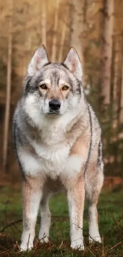 Wolf standing in a mystical forest scenery.