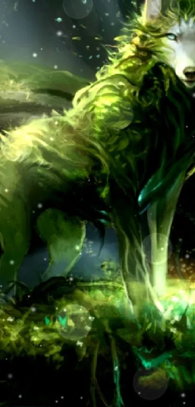 Mystical forest wolf in green digital art scene.