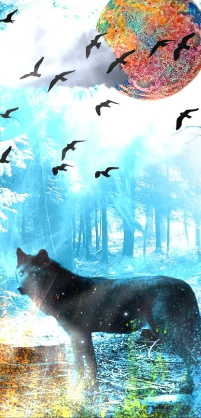 Mystical forest with black wolf and colorful sky wallpaper.