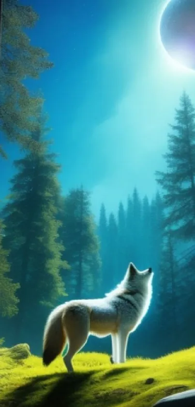 A wolf in a mystical forest under a glowing moon.