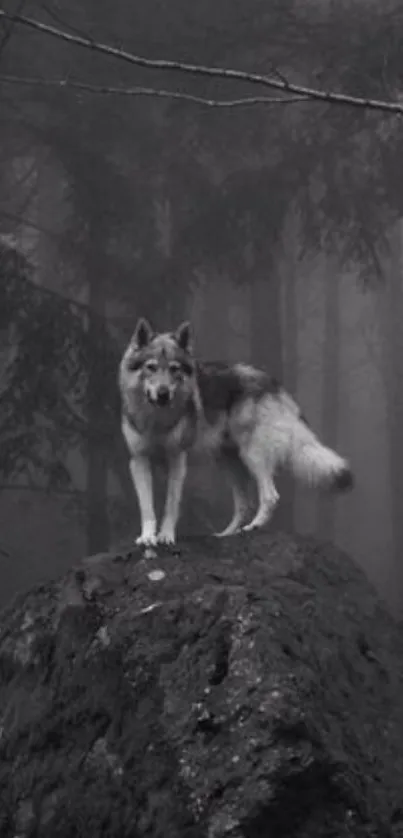 Wolf standing on a rock in a misty forest.