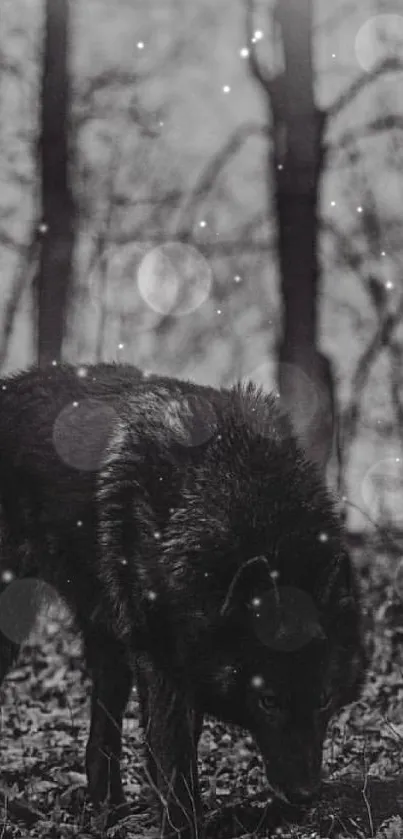 Black and white wolf in a mystical forest setting.