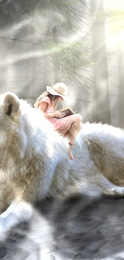 A child sits on a white wolf in a mystical forest under sunlight.